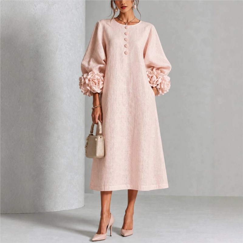 Midi Skirt Floral - Elegant Women Linen Midi Dress Autumn
