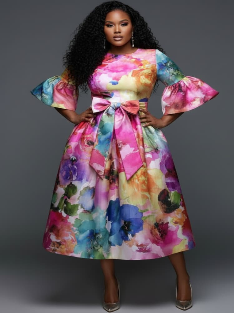 Midi Skirt Floral - Plus Size Round Neck Flare Sleeve