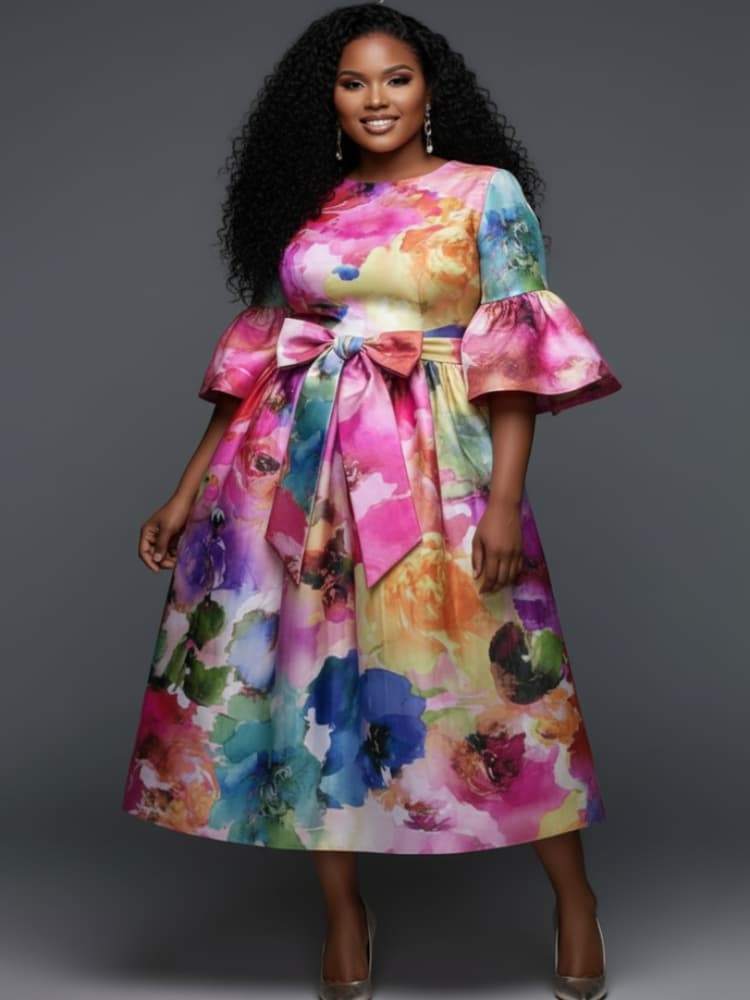 Plus Size Round Neck Flare Sle - Midi Skirt Floral recension och pris