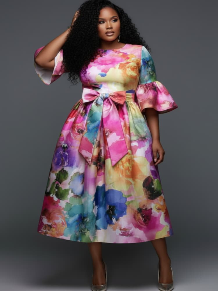 Plus Size Round Neck Flare Sle - Midi Skirt Floral recension och pris